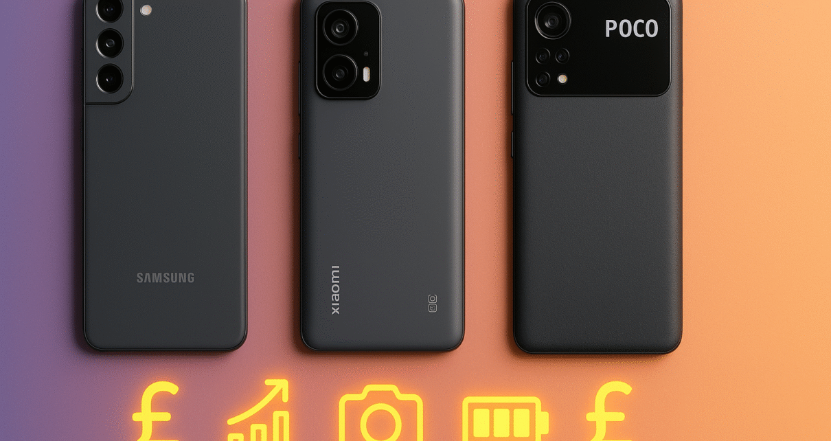 Top budget smartphones in the UK 2025 – Samsung Galaxy A56, Xiaomi POCO X7 Pro, and Redmi Note 14 displayed on a clean gradient background with UK pound symbols.