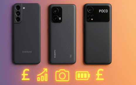 Top budget smartphones in the UK 2025 – Samsung Galaxy A56, Xiaomi POCO X7 Pro, and Redmi Note 14 displayed on a clean gradient background with UK pound symbols.