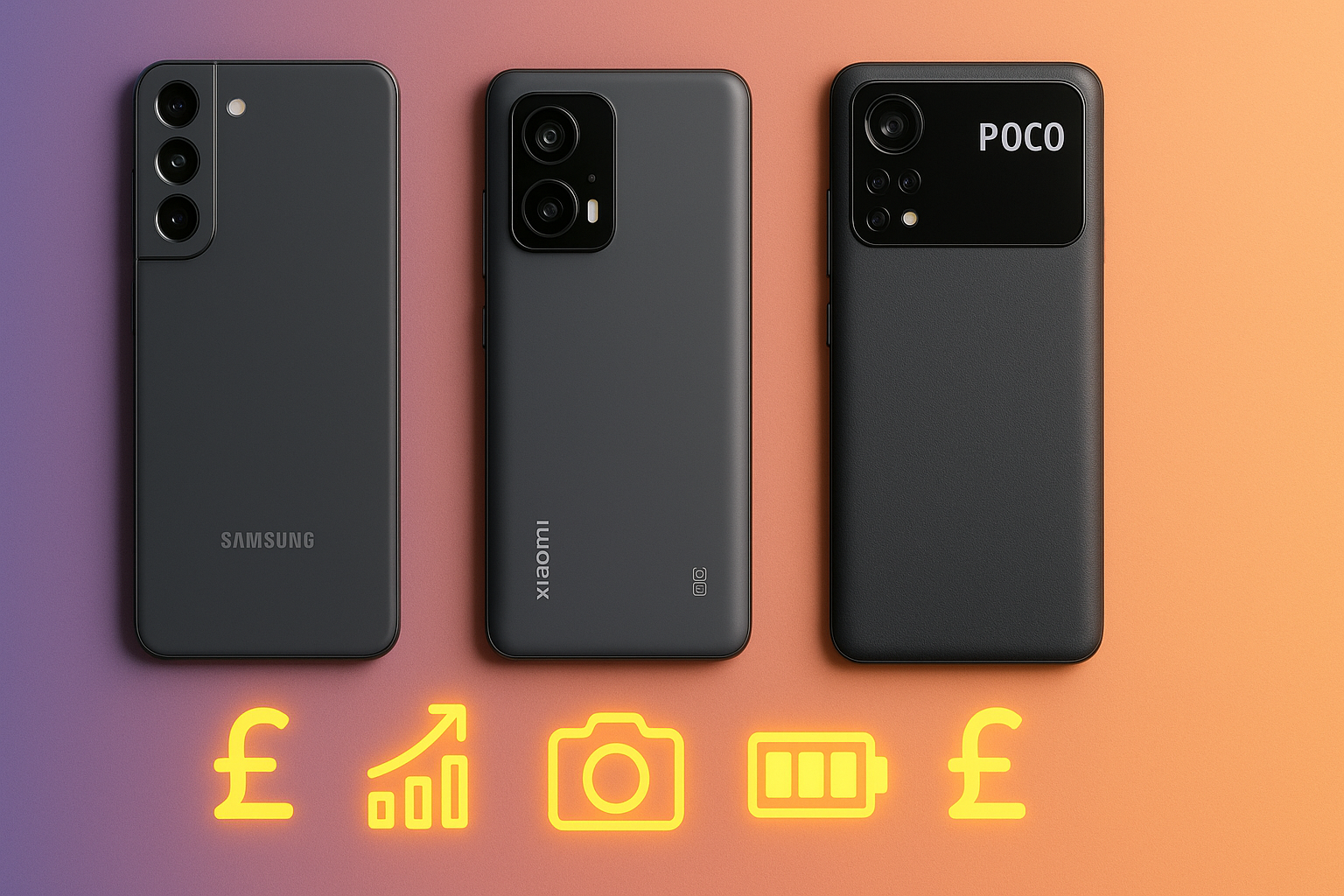 Top budget smartphones in the UK 2025 – Samsung Galaxy A56, Xiaomi POCO X7 Pro, and Redmi Note 14 displayed on a clean gradient background with UK pound symbols.