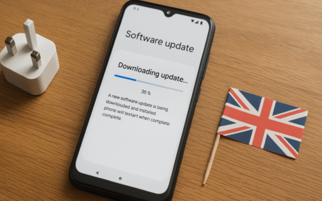 Budget smartphone in the UK showing Android software update screen — highlighting smartphone update policies and security tips.