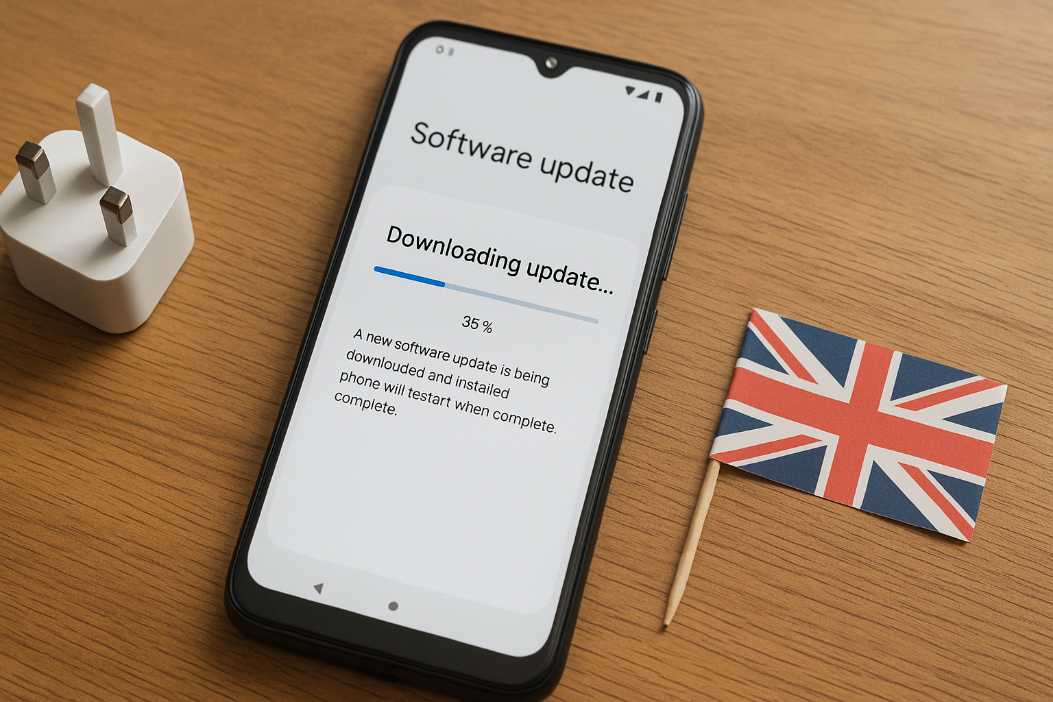 Budget smartphone in the UK showing Android software update screen — highlighting smartphone update policies and security tips.