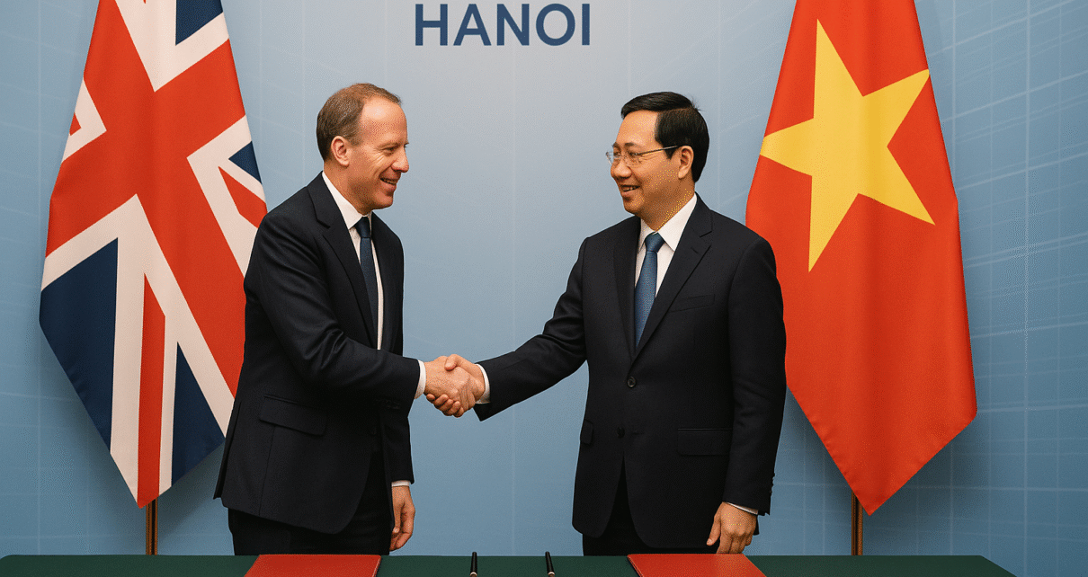 UK Vietnam Comprehensive Strategic Partnership – diplomats shaking hands in front of UK and Vietnam flags at official signing ceremony
