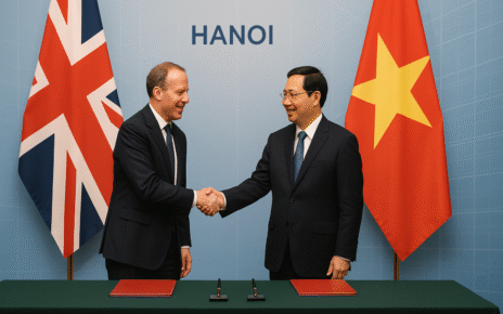 UK Vietnam Comprehensive Strategic Partnership – diplomats shaking hands in front of UK and Vietnam flags at official signing ceremony