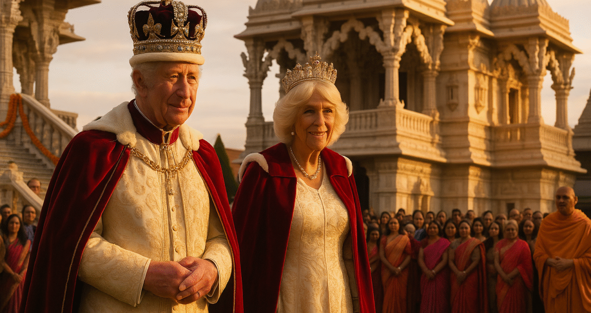 King and Queen visit Neasden Temple – royal couple at the 30th anniversary celebration of BAPS Shri Swaminarayan Mandir London.
