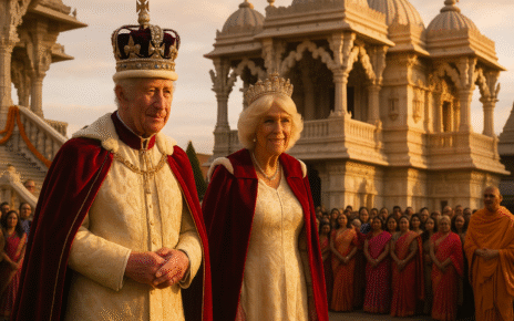 King and Queen visit Neasden Temple – royal couple at the 30th anniversary celebration of BAPS Shri Swaminarayan Mandir London.