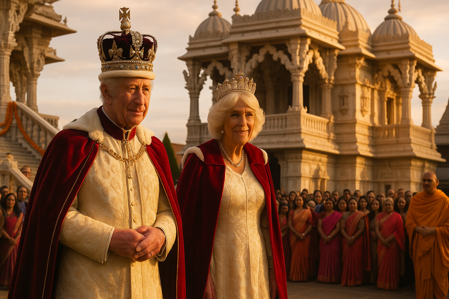 King and Queen visit Neasden Temple – royal couple at the 30th anniversary celebration of BAPS Shri Swaminarayan Mandir London.