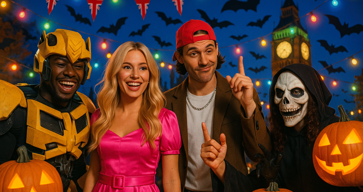 People wearing trending Halloween 2025 costumes at a UK party with pumpkins and lights.