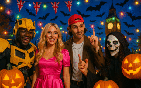 People wearing trending Halloween 2025 costumes at a UK party with pumpkins and lights.