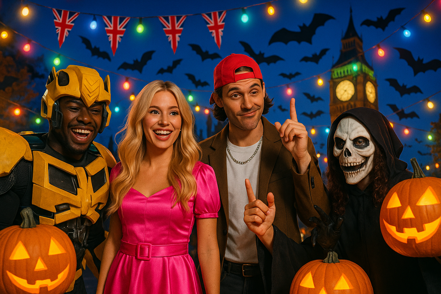 People wearing trending Halloween 2025 costumes at a UK party with pumpkins and lights.