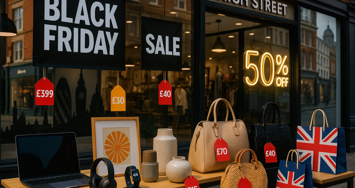 Best early Black Friday deals UK 2025 — shoppers browsing tech, fashion, and home sale items on a London high street.