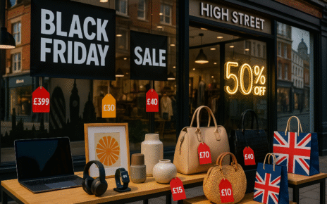 Best early Black Friday deals UK 2025 — shoppers browsing tech, fashion, and home sale items on a London high street.