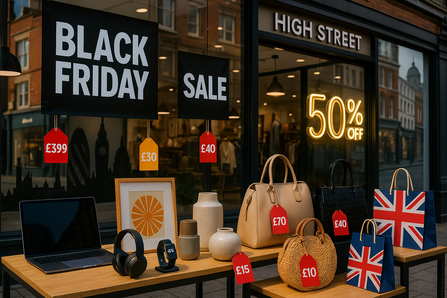 Best early Black Friday deals UK 2025 — shoppers browsing tech, fashion, and home sale items on a London high street.