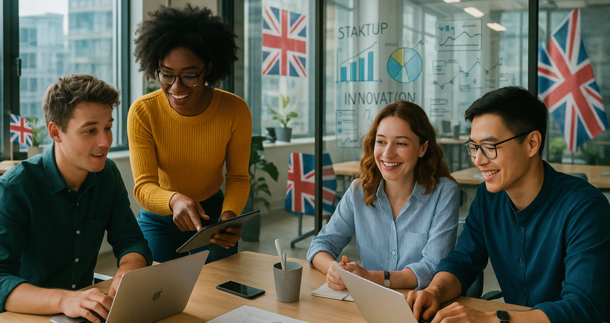 Young UK startup team collaborating in a London office — symbolising UK innovation driven by small startups.