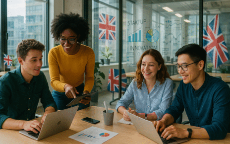 Young UK startup team collaborating in a London office — symbolising UK innovation driven by small startups.