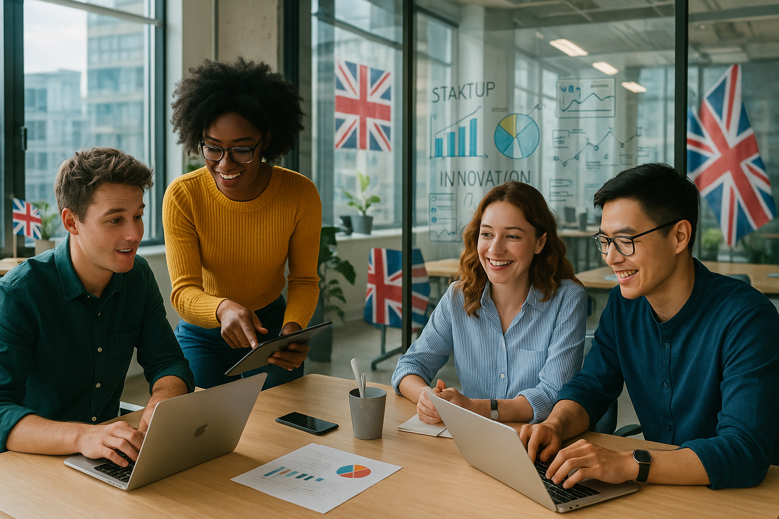 Young UK startup team collaborating in a London office — symbolising UK innovation driven by small startups.