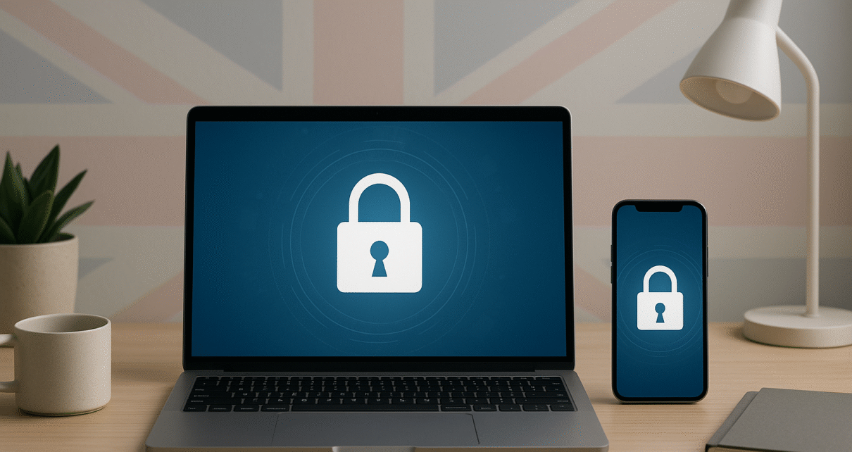 UK online privacy 2025: person using laptop and smartphone with digital padlock icon
